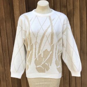 Vintage Sweater White & Gold Knit Banana Leaf M